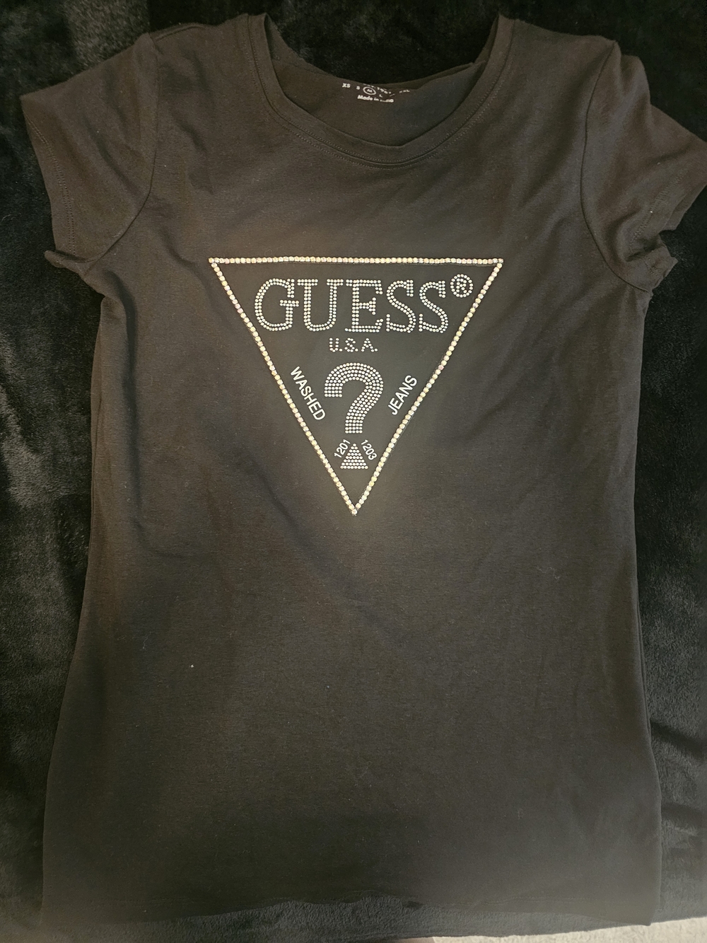 Guess Black Short Sleeve Tee with Rhinestone Triangle Logo